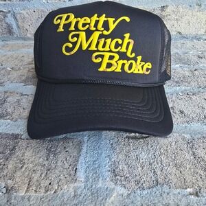 Apthcry Pretty Much Broke Trucker Hat Black Yellow Camo Text Snapback Mens Cap